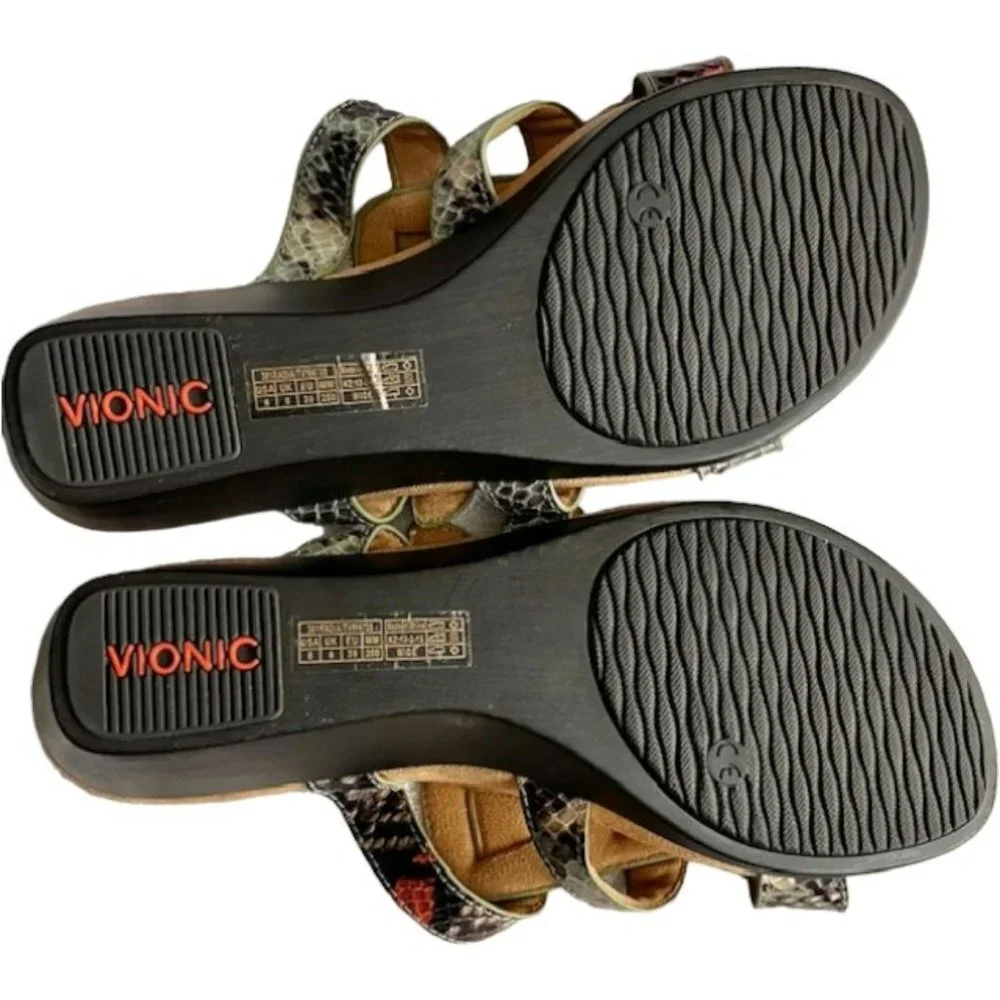 Vionic 381 Radia 3-Strap Wedge Sandals - Bluish/Brown/Salmon - 8 Wide